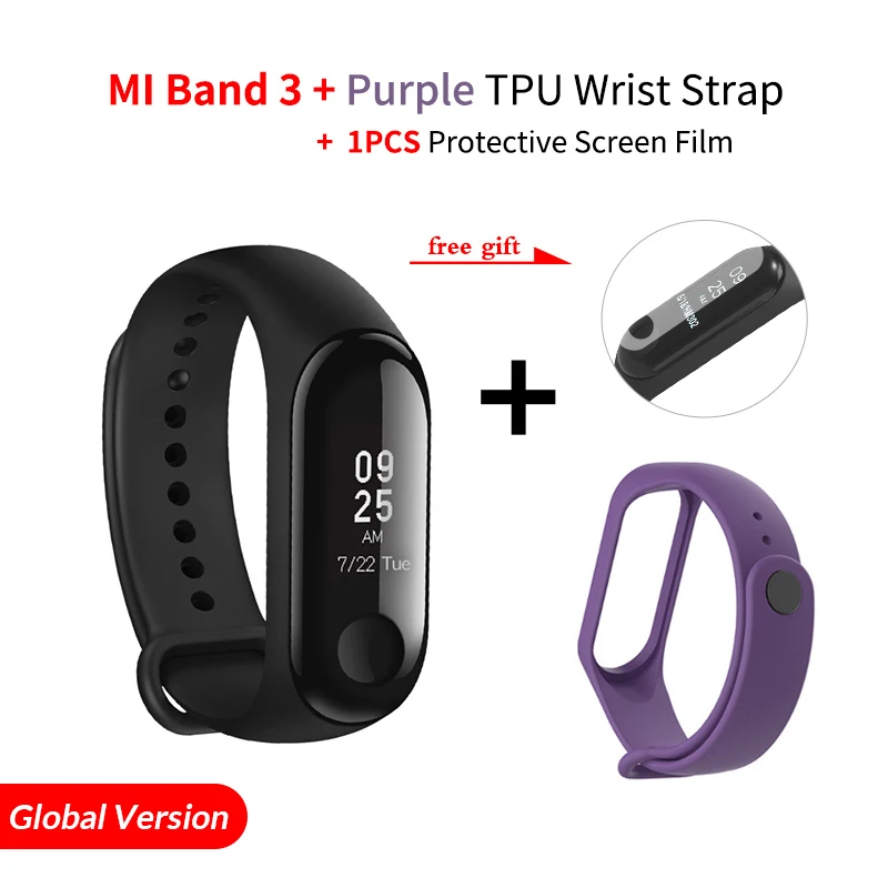 Add Purple Band Глобальная версия, Xiaomi mi-браслет 3 mi Band 3, фитнес-трекер, монитор сердечного ритма 0,78 '', OLED дисплей, тачпад, Android IOS - Цвет: Add Purple Band