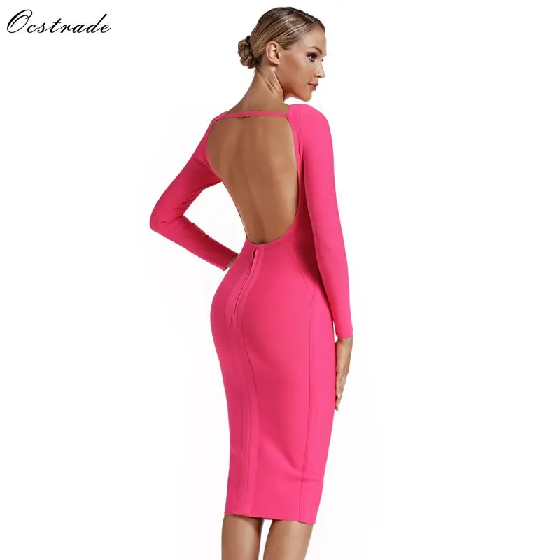 

Ocstrade Sexy Long Sleeves Party Dresses 2019 New Fashion Summer Hot Pink Bandage Dress Women Celebrity Backless Bodycon Dress