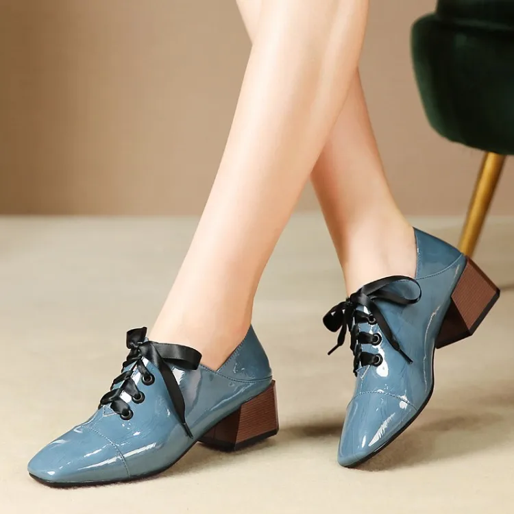 

Autumn Square Head Chunky Heel Solid Color Lace-up Fashion Deep Mouth Low Top Semi-high Heeled Women's Fashion Shoes Slip-Piece