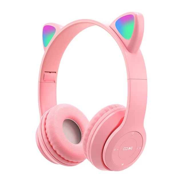 Pink Girl Wireless Headphones RGB Cute Cat Ears Headset With Microphone Noise Cancelling Kid Stereo Music casco Children's Gifts Pink
