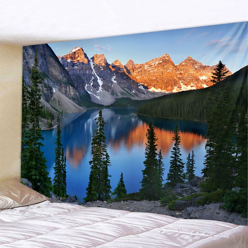 Hanging tapestry with waterfall landscape, hippie style, beautiful Forest and Stream, yoga mat, home decoration