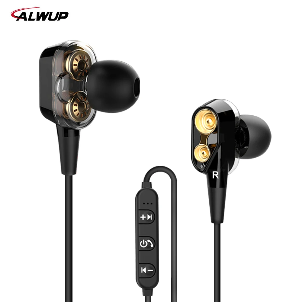 BLACK ALWUP S10 двойные динамические Гибридные Bluetooth наушники, беспроводные наушники, четыре блока привода, наушники с глубоким басом для телефона с микрофоном 5,0 - Цвет: BLACK