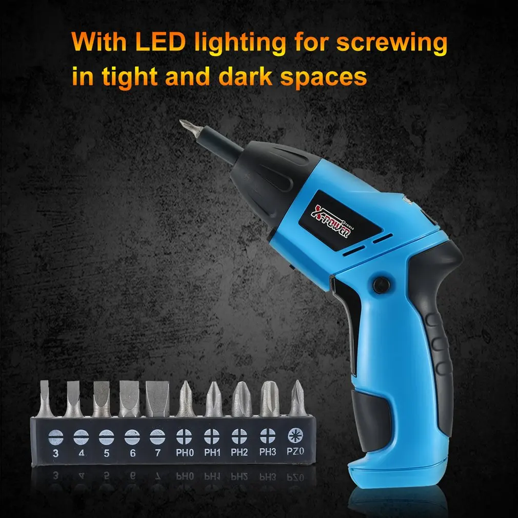 X-power 6V Cordless Electric Screwdriver Bits kit Wireless Screw Power Driver Drill Power Tools with LED Lighting