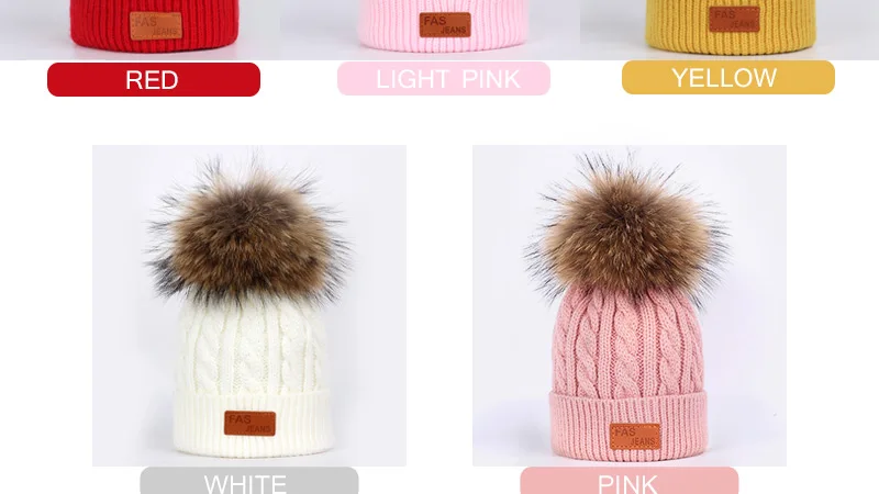 2018 новые детские вязаные шапочки, теплая зимняя шапка для мальчиков и девочек, детская шапка с помпонами из меха енота, настоящая норка