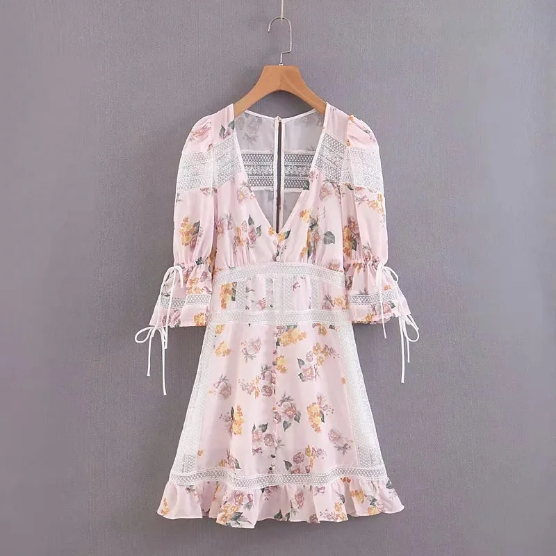 Vintage Flora Printed Lace Dress Women Half Sleeve V Neck Party Dress Chiffon Mesh Patchwork Dresses Vestidos de Verano