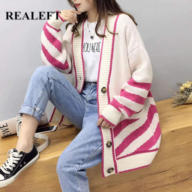 

REALEFT Autumn Winter Long Sleeve Women's Cardigan Sweater Fashion Striped Casual Knitted Sweater Female 2019 New Arrival