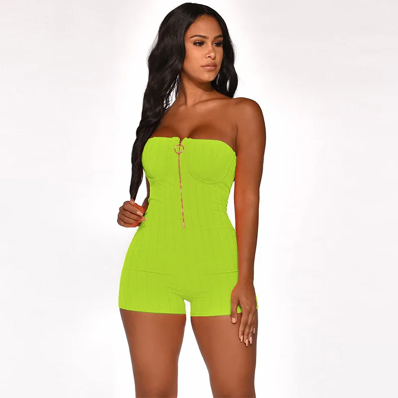 

Feditch Sexy Bodysuit Neon Rompers Womens Jumpsuit Strapless Skinny Slim Zipper Beach Playsuits Overalls Solid Combinaison Femme