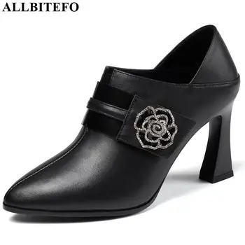 

ALLBITEFO natural genuine leather high heel shoes comfortable Rhinestone decoration women heels spring office ladies shoes