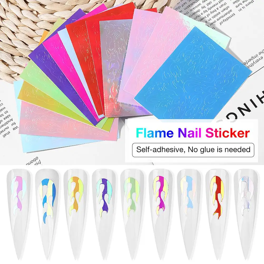 16Sheets/Set Aurora Flame Nail Sticker Holographic Colorful Fire Reflections Self-Adhesive Foils DIY Nail Art Decoration Sticker