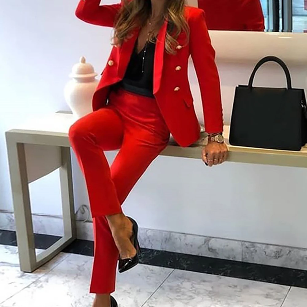 Two-Piece Casual Suit Women New Fashion Solid Color Button Long Sleeve Trousers Ladies Autumn Business Suits Ropa De Mujer 