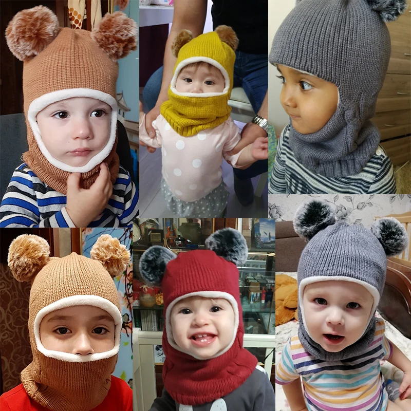 REAKIDS/зимняя шапка, шарф для маленьких девочек и мальчиков, плотная теплая детская шапка с помпоном, однотонная Вязаная хлопковая шапка с двумя помпонами, детская шапка