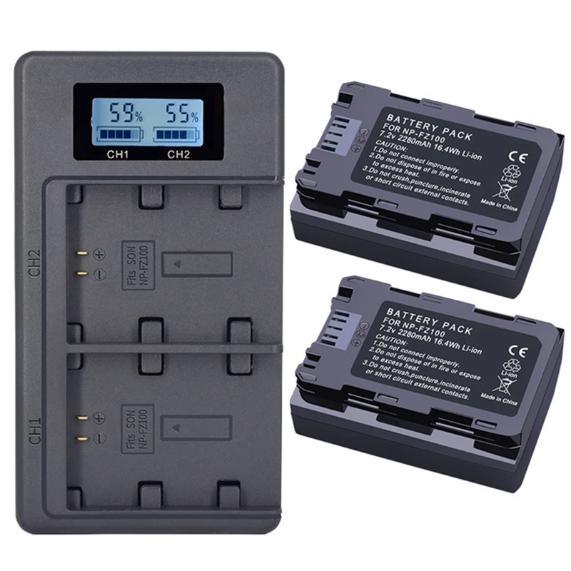 

2Pc 2280Mah Np-Fz100 Npfz100 Np Fz100 Battery + Lcd Dual Usb Charger For Sony Np-Fz100, Bc-Qz1, Sony A9, A7R Iii, A7 Iii, Ilce-9