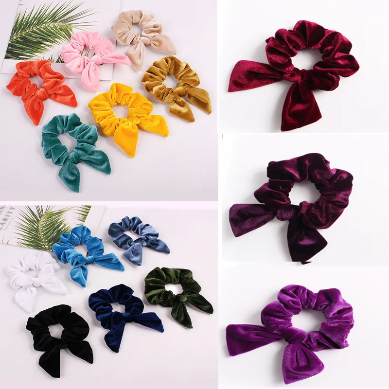 cheap 2019 New Velvet Rabbit Ears Hair Scrunchies Women Knotted Bow Hair Ties Sweet Girls Ponytail Holder Stretch Bunny Hairbands Hot