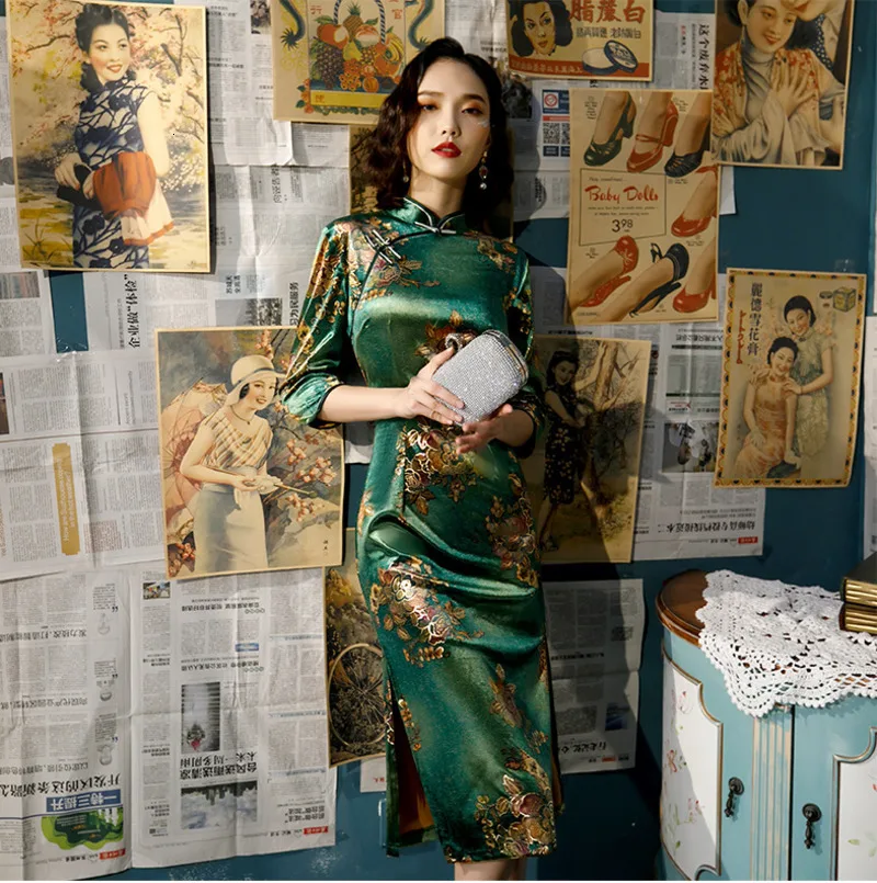 Sheng Coco L-5XL плюс размер женский золотой бархат классический Новинка Зеленый Qipao платья красивый женский китайский халат с длинными рукавами высокое качество