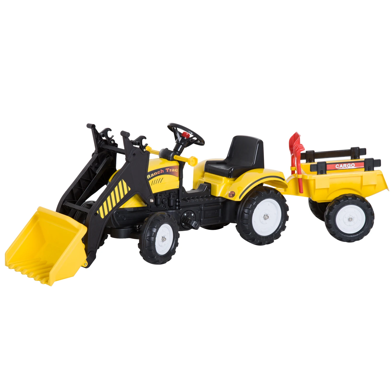 HOMCOM Tractor Pedales Excavadora Juquete de Montar con Cargador Frontal con Tráiler para Niños 3-6 Años Carga 35 kg 167×41×52cm