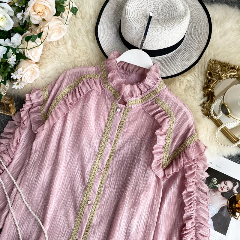 Neploe, винтажный Дворцовый стиль, блузка, рубашки, яркий шелк, оборки, пэчворк, Blusas, женские топы, стоячий ворот, элегантные блузки 55861