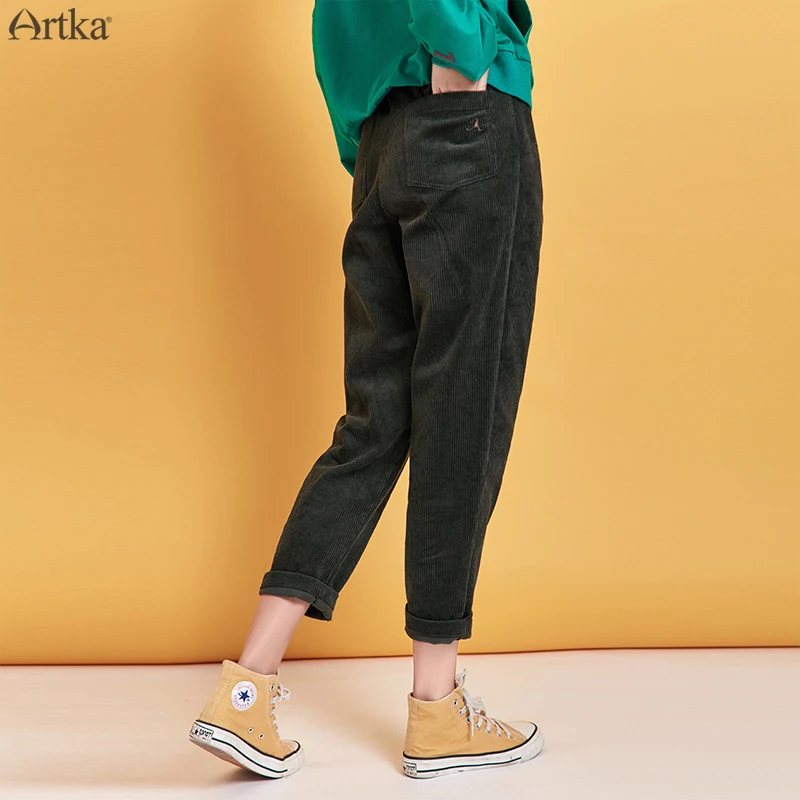 ARTKA Autumn Winter New Women Pants Vintage High Waist Casual Pants Loose Corduroy Harem Pants Women Trousers KA10191Q