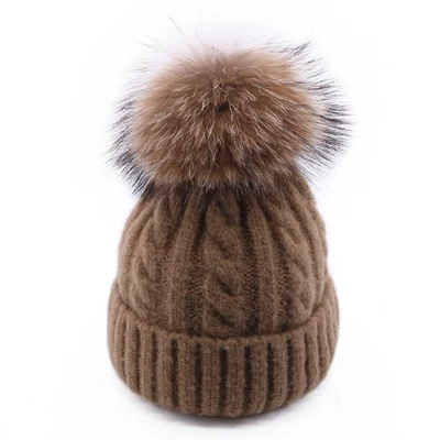 Coffee Зимняя женская вязаная шапка Skullies Женская бини шапки с настоящим помпон из лисьего меха роскошный Gorro; теплый лыжный головной убор для девочек ярких цветов - Цвет: Coffee