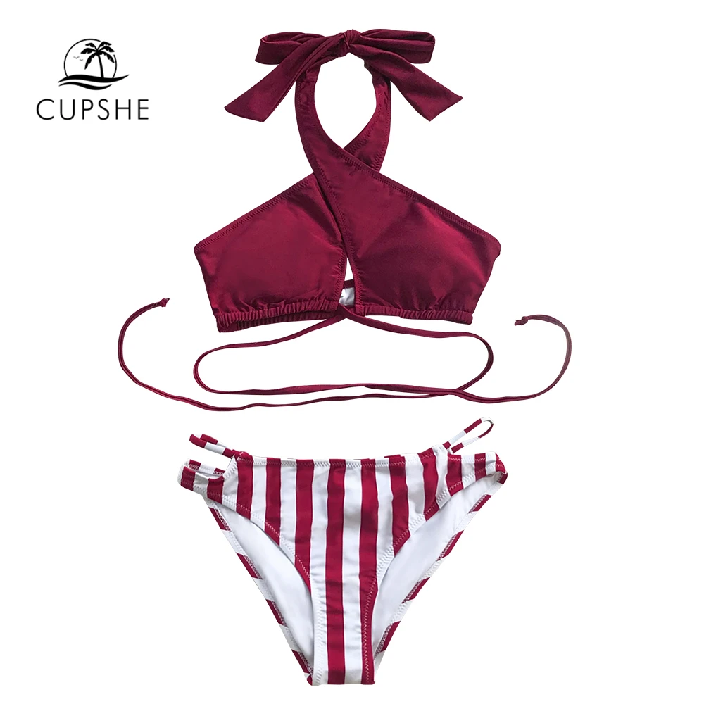 CUPSHE Cross Wrap Solid and Stripe Halter Bikini Sets Sexy Lace Up Swimsuit Two Pieces Swimwear Women Beach Bathing Suits