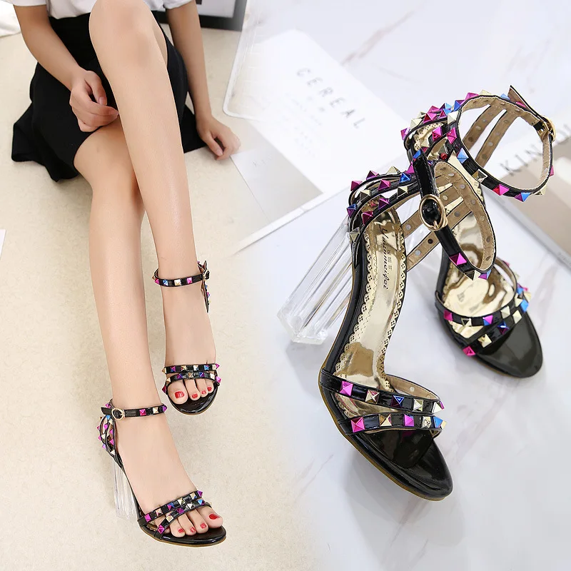 

2019 Spring New Style Crystal Chunky-Heel Color Rivet High-Heel Peep-Toe WOMEN'S Sandals Long-term Replenishment