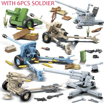 6PCS Army WW2 German Artillery with Soldiers Figures Building Blocks Compatible Military World war 2 Vehicles Weapons Gun tamiya rising german steyr vehicles model 1500 a 01 military vehicles 35305 army officers and soldiers