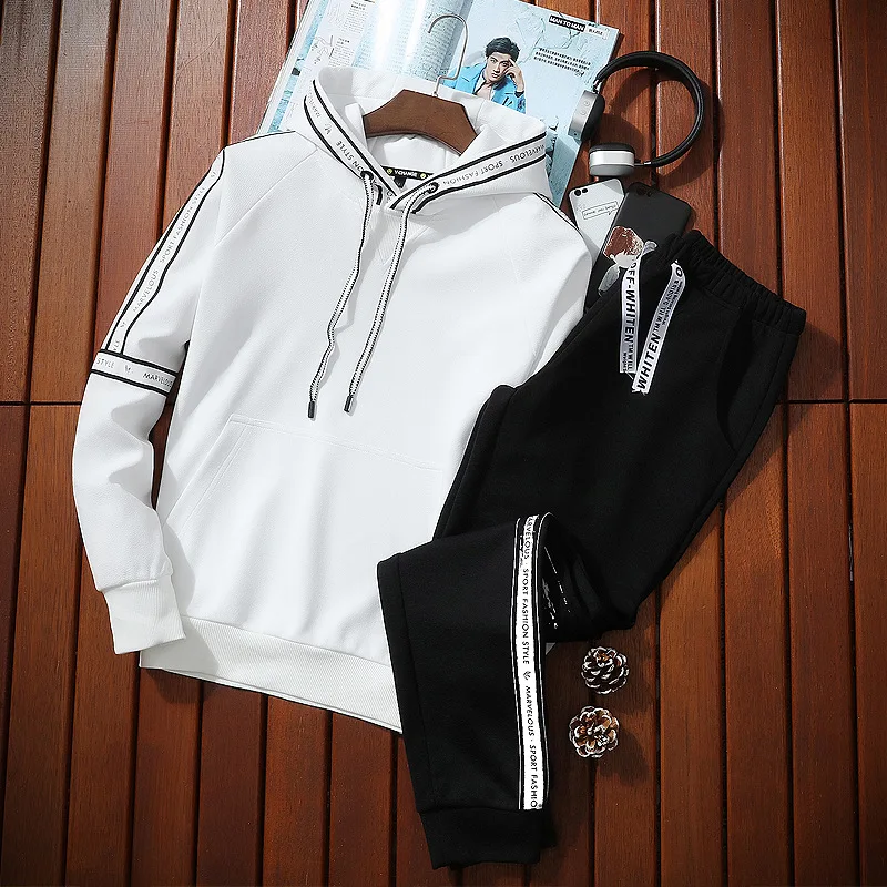mens autumn full hooded hoodies pants 2piece set sweatsuits male casual outdoor sports gym joggers running tracksuits sweatpants - Цвет: white