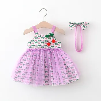 

2020 Summer Beach Baby Girls Spaghetti Strap Cherry Print Mesh Tutu Dress Infant Kids Holiday Dresses vestidos + Bow Headband