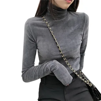 

Womens Warm Gold Velvet Tops Autumn Winter Turtleneck Long Sleeve Bottoming Shirts Female Comfy Slim T-shirt camiseta mujer