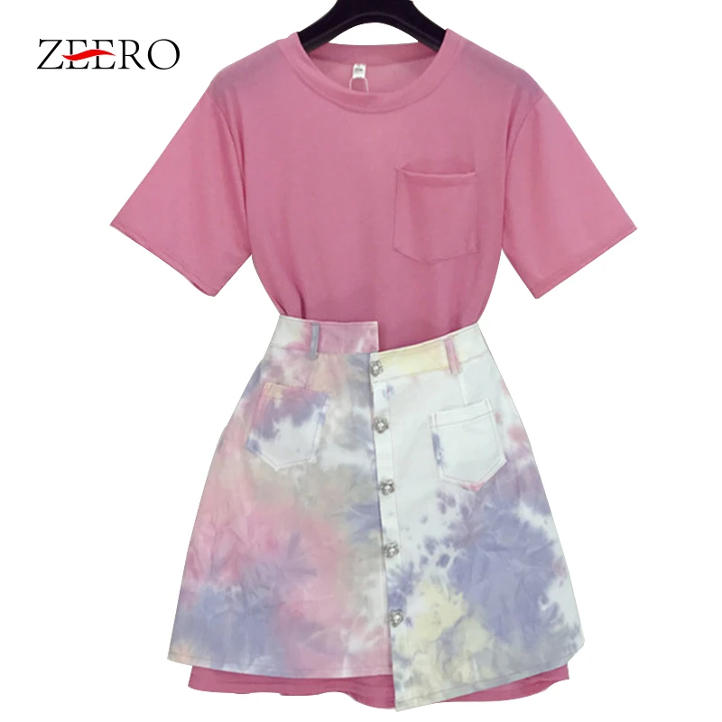 

Casual Skirt Two Piece Set Loose Long T shirt Set Colorful Print Pearl Button Single-breasted Asymmetry Skirt Suits LooseFashion