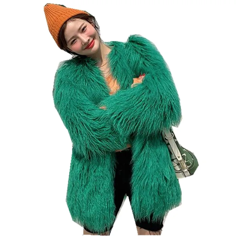 Зимняя куртка с v-образным вырезом из искусственного овечьего меха 4 дюйма длинная мохнатая верхняя одежда женская теплая куртка средней длины с длинным рукавом Верхняя одежда зеленого цвета - Цвет: Зеленый