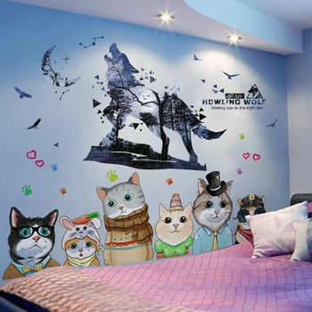 

[shijuekongjian] Cartoon Cats Animals Wall Stickers DIY Wolf Forests Wall Decals for Kids Room Baby Bedroom Nursery Decoration