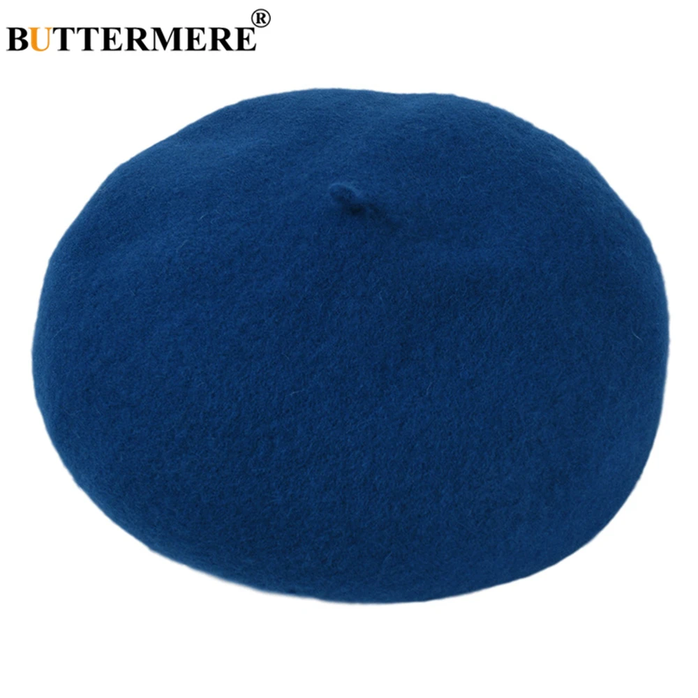 

BUTTERMERE Blue Women Winter Hat Wool Knitted Berets Cap Solid Colors Vintge French Beret Lady Painter Hat