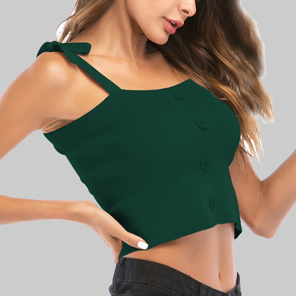 Женская мода Slash-neck галстук-бабочка на пуговицах Тонкий Топ с бретелькой через шею короткая длина вырез с бантом на пуговицах тонкий короткий вязаный Топ