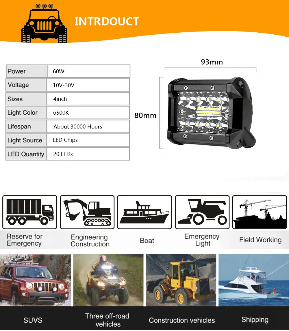 Tripcraft 4inch 60W Led Light Bar For4x4 Offroad Cars Combo Beams Off road SUV ATV Tractor Boat Trucks Excavator 12V 24V Work