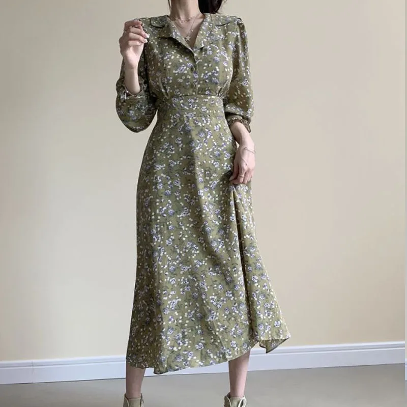 Chic Elegant Bohemian Floral Printed Dress Women 2020 Spring Puff Long Sleeve Office Chiffon Dress Korean Lady Dresses Vestido
