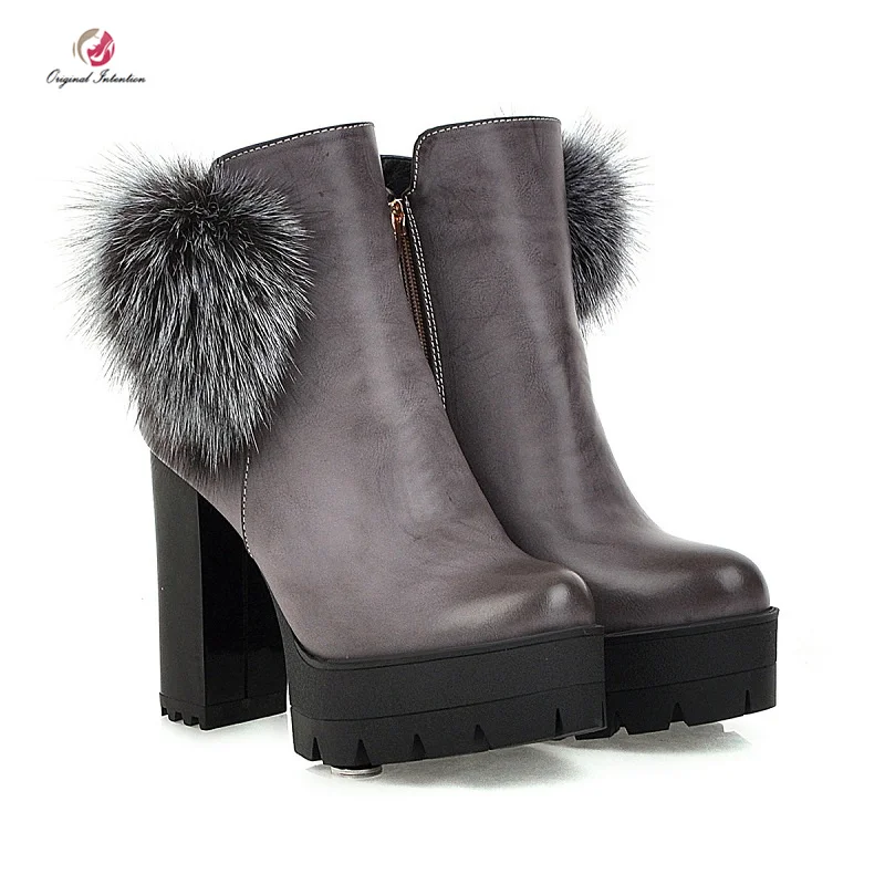 

Original Intention Woman Platform Pompon High Square Heels Ankle Boots Winter Warm Faux Fur Boots Woman Round Toe Gradient Gray