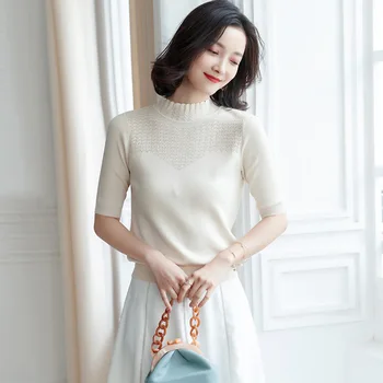 

Summer new high-necked hollow solid color short-sleeved knitted T-shirt women gray