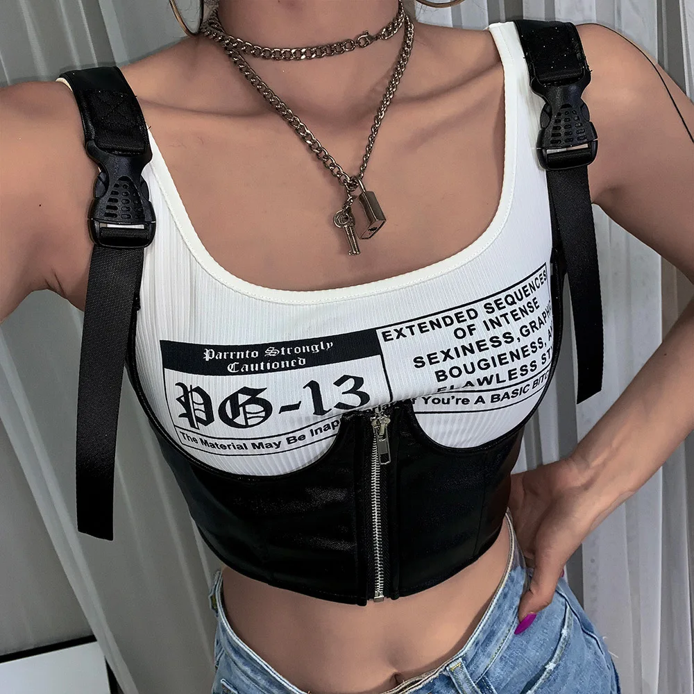 

Gothic PU leather tank top chest support streetwear crop top zipper zip up bustier camisole buckle straps backless WT1734490