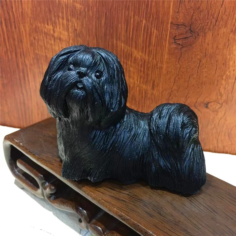 

10cm Natural Black Obsidian Dog Figurine Carved Animal Statue Office Home Decor Healing Crystal Decoration Accessories