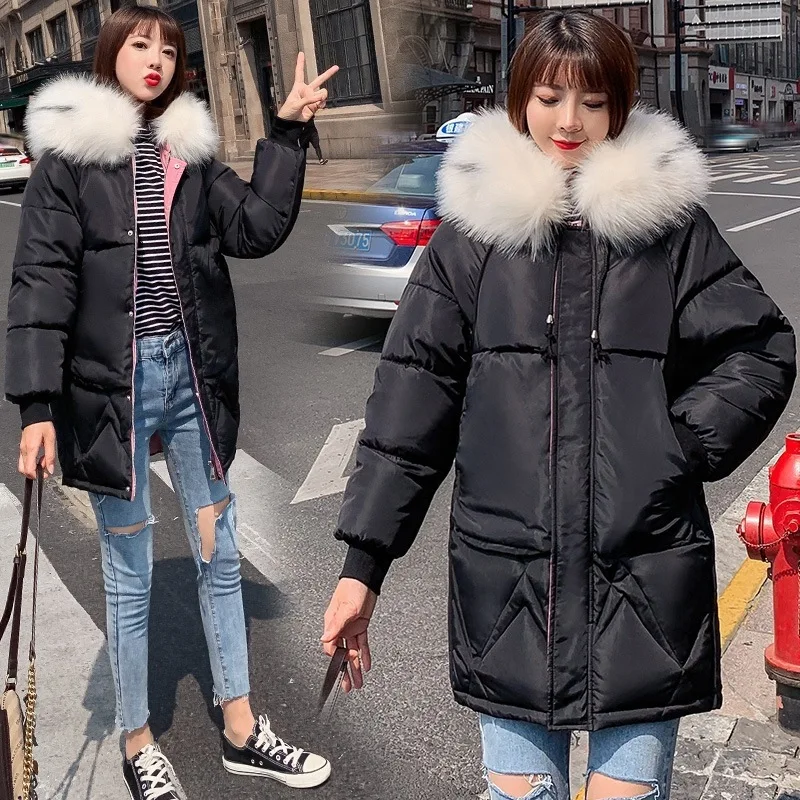 

2019 New Style Korean-style Loose And Plus-sized Slimming Hooded Thick Color Fur Collar down Jacket Cotton-padded Clothes