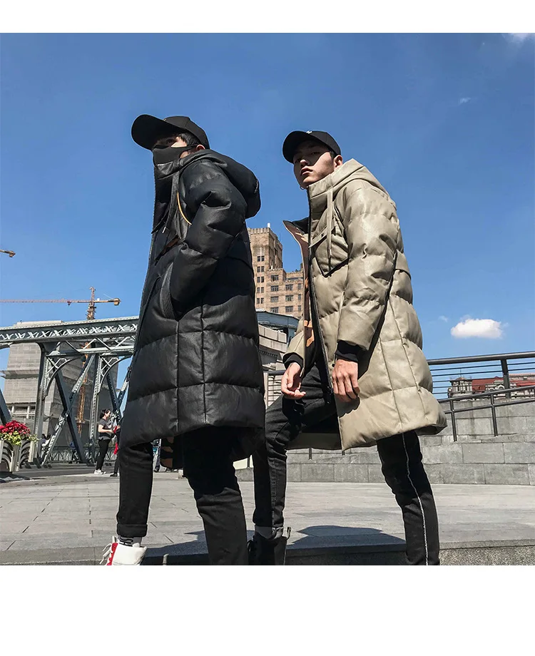 Cotton Coat Leather Coat Men's Mid-length Winter New Style Korean-style Trend Cotton-padded Clothes Fashion Slim Fit Hat PU