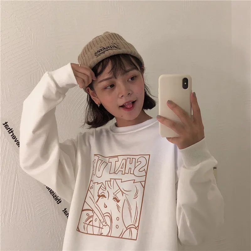 Осень корейский ins Harajuku BF мультфильм с длинными рукавами Толстовка Женская мода тонкий срез круглый вырез Повседневная Женская толстовка