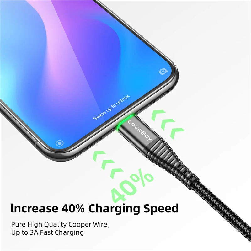 Lovebay LED 2M Micro USB Cable 3A QC 3.0 Quick Charge Wire For iPhone Xiaomi Android Mobile Phone Data Cable Cord Fast Charging