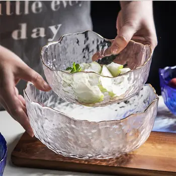 

1050ml Irregular Gold Inlay Edge Glass Salad Bowl Fruit Rice Serving Bowls Tableware Food Storage Container Lunch Bento Box Deco