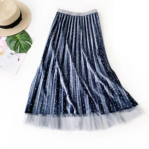 Женская двухсторонняя плиссированная юбка TIGENA, длинная юбка из бархата и тюля, юбка с высокой талией для женщин на осень-зиму - Цвет: Синий