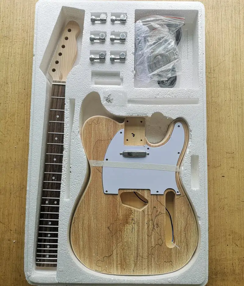 TL стиль электрогитара DIY Kit Spalted клен шпон бас дерево тело жесткий клен шеи палисандр гриф набор