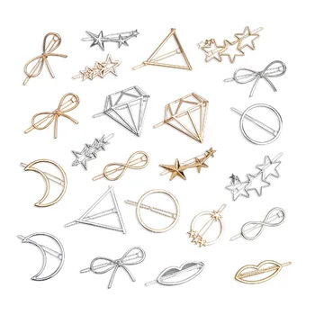 

2Pcs Fashion Hollow Geometric Hair Clip for Women Elegant Triangular Moon Star Circle Metal Barrette Hairpin Head Accessorie