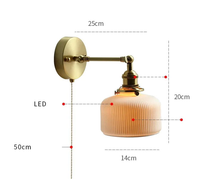 Description Picture 2 of itemIWHD Ceramic Copper Arm Wall Lamp Beside Pull Chain Switch Bedroom Bathroom Stair Japan Style Nordic Modern Wandlamp Applique