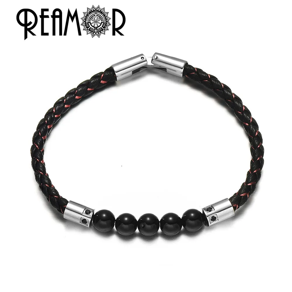 CS007 2 REAMOR роскошное, с натуральным камнем, съемные DIY Браслеты, золотой плетеный кожаный браслет из нержавеющей стали, браслет для мужчин и женщин, ювелирные изделия - Окраска металла: CS007 2