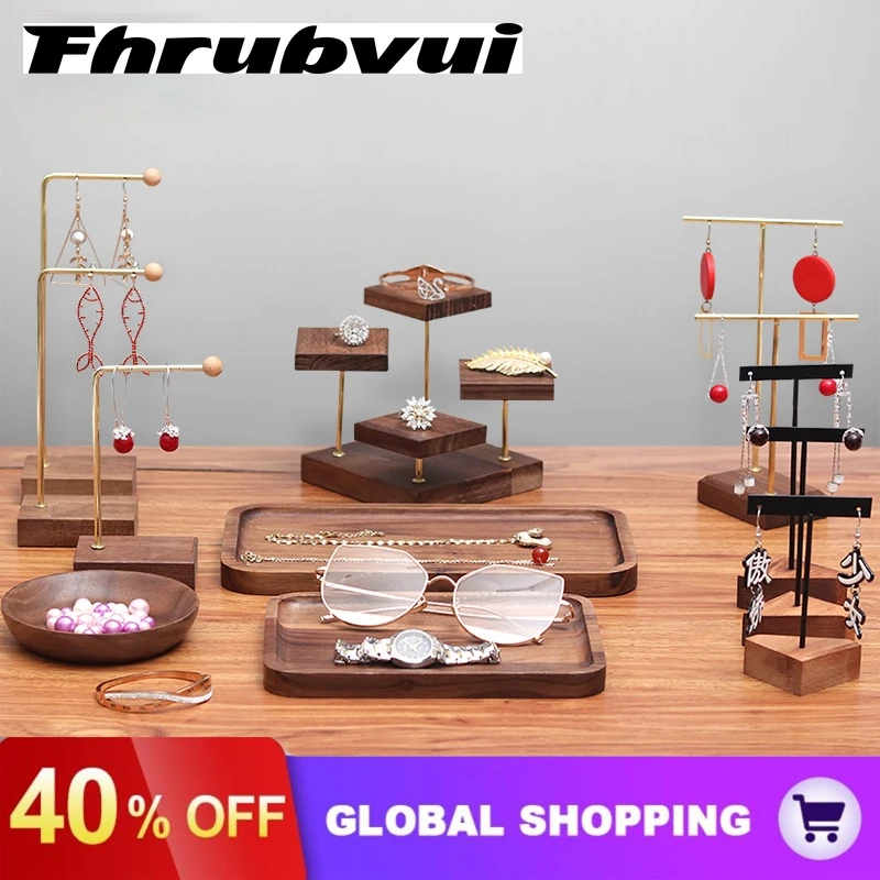 Walnut Jewelry Display Stand, Four-Layer Rotatable Earring Tray Earrings Rings Bracelets Pendant Display Stand